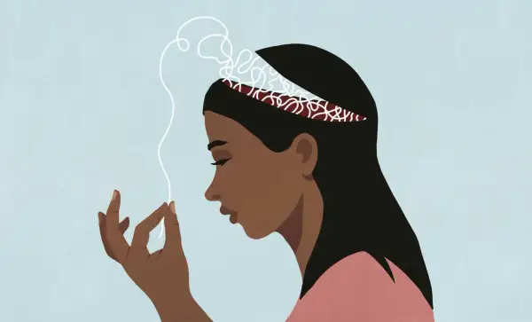 La mente di una donna è aperta, con pensieri aggrovigliati che sembrano la causa per cui penso sempre cose negative.