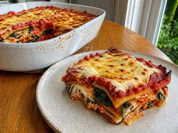En saftig vegetarisk lasagne med lager av pasta, tomatsås, ost och gröna bladgrönsaker. Perfekt för en mysig middag.