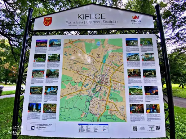 Mapa turystyczna Kielc z licznymi zdjęciami atrakcji, w tym Kadzielni Kielce.
