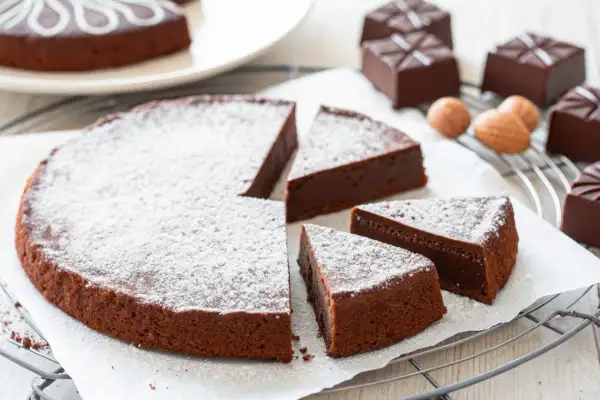 Una torta tenerina al cioccolato, spolverata di zucchero a velo, con fette tagliate e praline di cioccolato intorno.