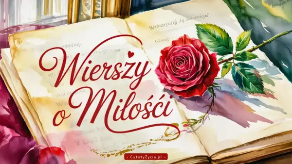 Księga pełna wzruszających krótkich wierszy o miłości, ozdobiona czerwoną różą.