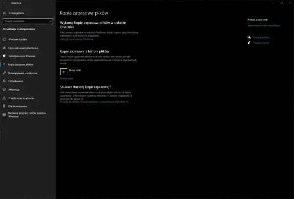 Ustawienia kopii zapasowej plików w Windows 10: tworzenie kopii w OneDrive, dodawanie dysku na historię plików lub szukanie starszych kopii.