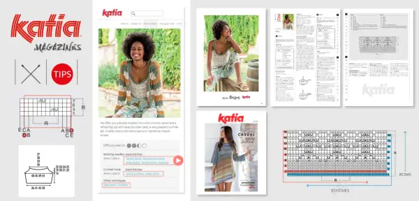 Katia magazine pages showing knitting patterns, yarn, and garment designs.