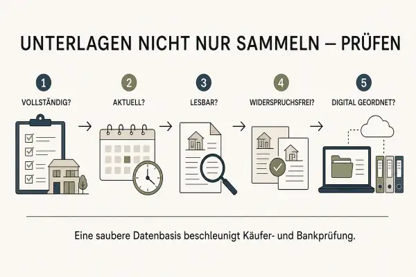 Checkliste für Wohnung verkaufen: Unterlagen prüfen – vollständig, aktuell, lesbar, widerspruchsfrei, digital geordnet.