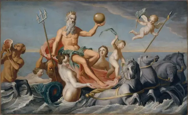 Poseidon gud, havets härskare, drar fram i sin vagn dragen av hästar. Putti svävar i luften.