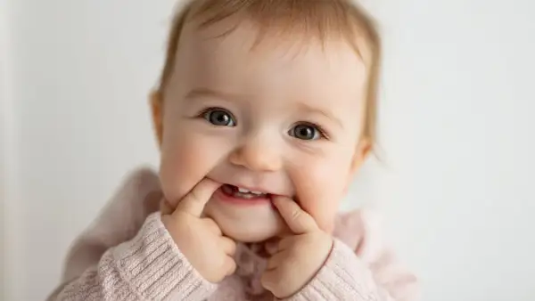 Bebé sonriente estirando sus mejillas, mostrando sus primeros dientes. A pesar de la posible molestia del dolor dientes bebe, su expresión es juguetona.