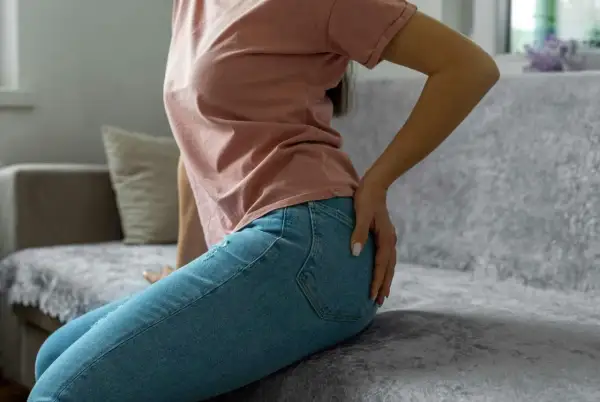 Person sitter på en soffa och håller sig om höften, med en tydlig känsla av ont under rumpan.