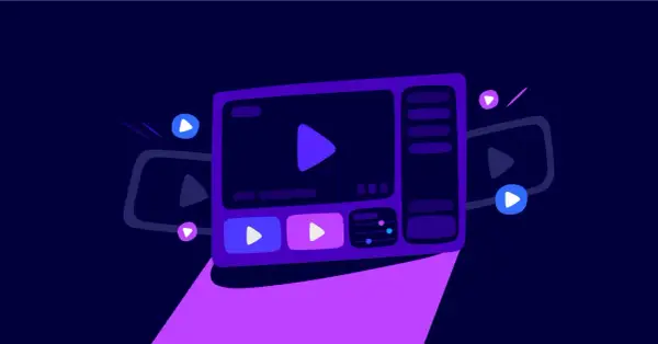 A stylized video player interface with play buttons, suggesting streaming content like on Twitch RTMP.