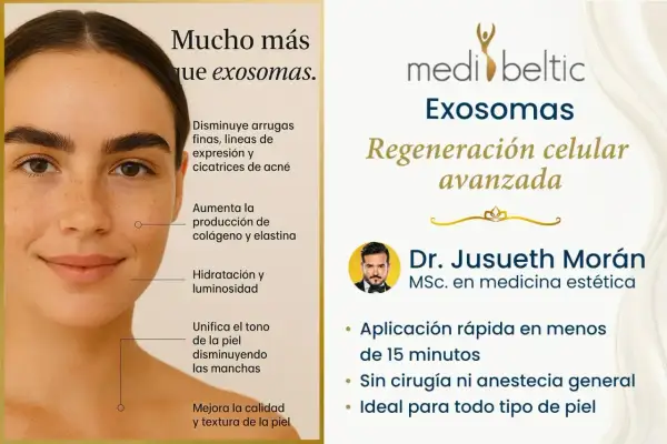 Un rostro femenino luce radiante, destacando los beneficios del **exosomas tratamiento facial**: reduce arrugas, mejora colágeno, hidrata y unifica el tono.