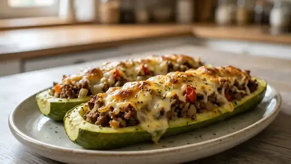 Deux courgettes farcies au bœuf et au fromage gratiné, prêtes à être dégustées. Un plat savoureux et réconfortant.