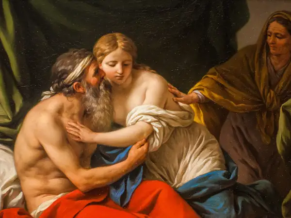 Biblia o kobietach cytaty: starzec całuje młodą kobietę, starsza kobieta patrzy z boku.