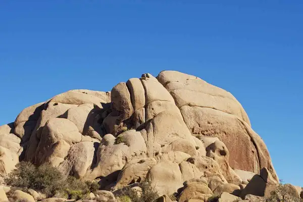 Duże, piaszczyste formacje skalne pod błękitnym niebem w Joshua Tree National Park.
