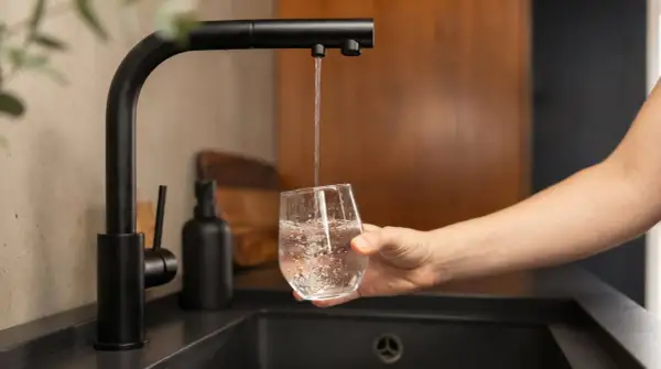 Un robinet noir verse de l'eau dans un verre, promettant une eau moins calcaire pour une boisson pure et rafraîchissante.