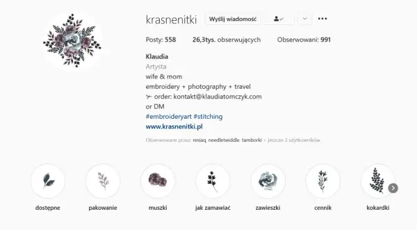 Profil Klaudii, artystki tworzącej haftowane cuda. Znajdziesz tu inspiracje i historie z jej pracowni, idealne do **stories instagram**.