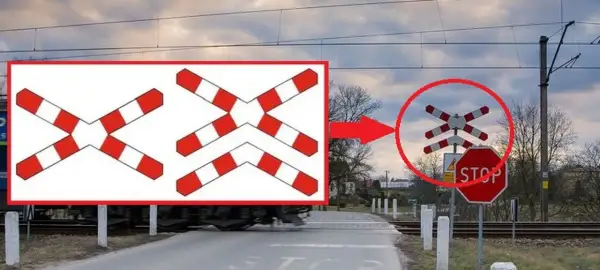 Ostrzeżenie o przejeździe kolejowym z krzyżami św. Andrzeja i znakiem STOP.