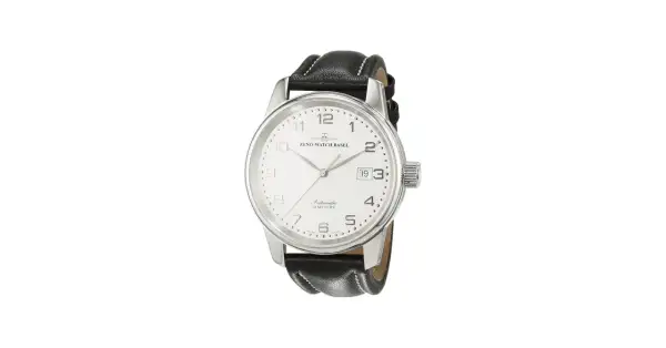 Elegante reloj Zeno Watch Basel automático con correa de cuero negro y esfera blanca.
