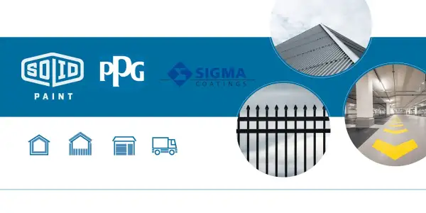 Loghi Solid Paint, PPG e Sigma Coatings. Immagini di un tetto metallico, una recinzione e un parcheggio. Soluzioni per ppg vernici.