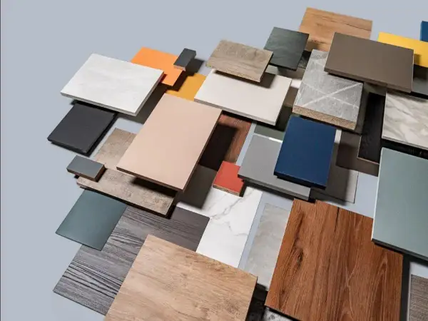 Muestras de acabados: mdf vs aglomerado. Variedad de texturas y colores, desde madera hasta mármol y tonos lisos.