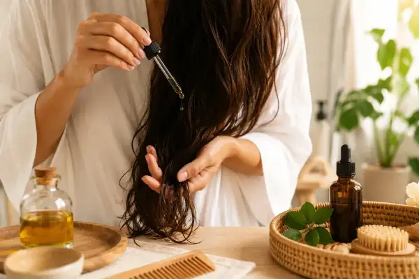 Application d'un sérum nourrissant pour un bain d'huile cheveux. Une main applique des gouttes d'huile sur les longueurs.