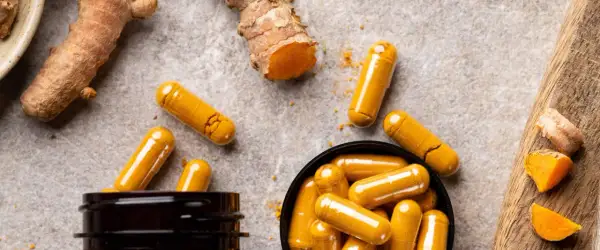 Curcuma-Kapseln und frische Wurzeln. Entdecke, was bewirkt Curcuma für dein Wohlbefinden.