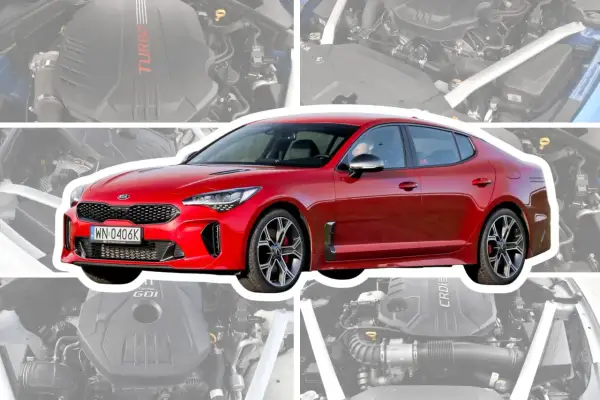 Czerwone Kia Stinger na tle silnika. Wiele osób szuka kia stinger opinie, ten model zachwyca mocą.