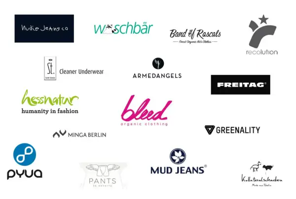 Logos von nachhaltige mode marken wie Nudie Jeans, Hessnatur, Armedangels, Mud Jeans und Freitag.
