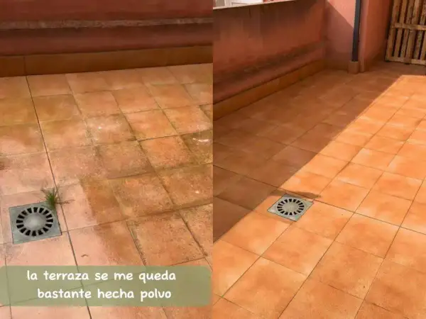 Antes y después de limpiar el verdín del suelo de la terraza. ¡Quedó impecable!