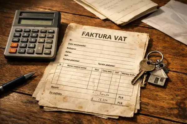 Klucze do domu i stara faktura VAT leżą obok kalkulatora. Dokumenty sugerują rozliczenia finansowe, być może związane z zakupem nieruchomości.