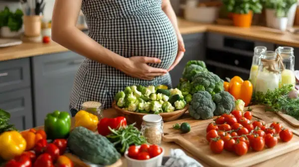 Kobieta w ciąży przygotowuje zdrowe posiłki, dbając o dietę i unikając ryzyka listeriozy w ciąży. Na stole świeże warzywa i zioła.