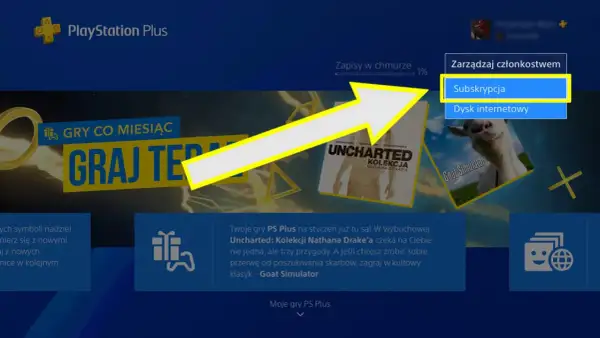 Menu PlayStation z podświetloną opcją "Subskrypcja" i strzałką.