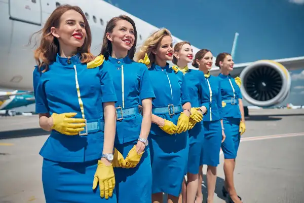 Fünf Flugbegleiterinnen in blauen Uniformen und gelben Handschuhen stehen vor einem Flugzeug. Sie sind bereit, ihre Passagiere zu begrüßen, denn das ist, was man als Flugbegleiterin macht.