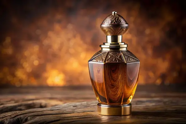 Elegancka buteleczka perfum z płynem o barwie bursztynu. Złote zdobienia i drewnopodobne wykończenie sugerują luksusowy zapach, być może właśnie **oud co to** za aromat?