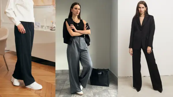 Stylizacje z czarnymi szerokimi spodniami: biała bluzka i sneakersy, czarny top i marynarka, lub elegancki garnitur.