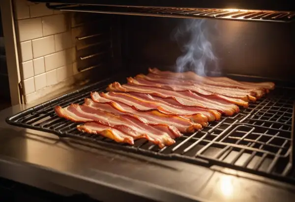 Rader av perfekt tillagad bacon i ugn, med en lätt ånga som stiger upp.