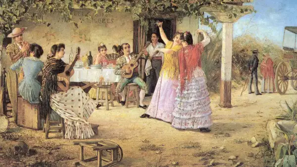 Un grupo celebra con música y baile, mostrando curiosidades de las sevillanas. Guitarra, castañuelas y trajes vibrantes llenan la escena.