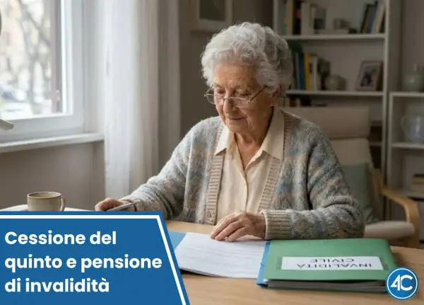 Anziana esamina documenti, con la dicitura "Cessione del quinto e pensione di invalidità". La pensione di invalidità fa reddito.