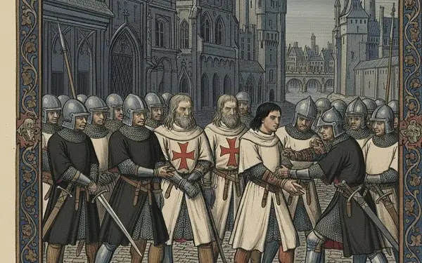 Rycerze templariusze w białych płaszczach z krzyżami i w zbrojach, stojący przed katedrą.
