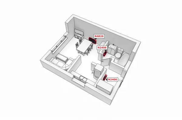 Schemat mieszkania 60m2 z zaznaczonym ogrzewaniem elektrycznym. W salonie, łazience i kuchni widoczne są grzejniki.