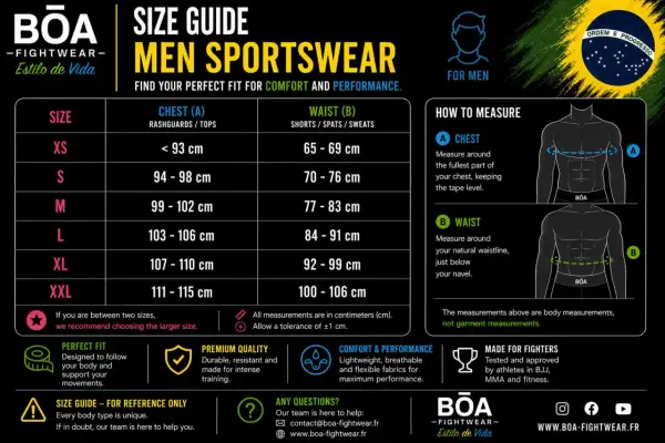 Tabella misure sartoriali uomo per sportswear: taglie XS-XXL con misure di petto e vita in cm. Guida per trovare la vestibilità perfetta.