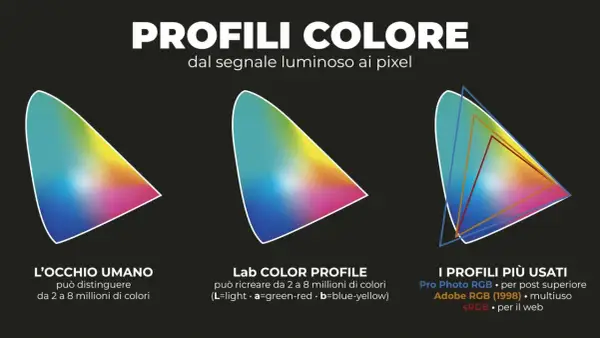 Grafica che illustra i profili colore: occhio umano, Lab Color, e profili comuni come Adobe RGB, utili per la gestione del colore in Photoshop.