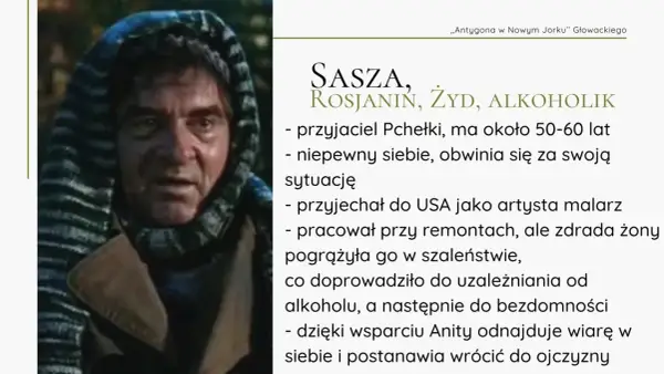 Sasza, Żyd, alkoholik, przyjaciel Pchełki, w spektaklu "Antygona w Nowym Jorku".