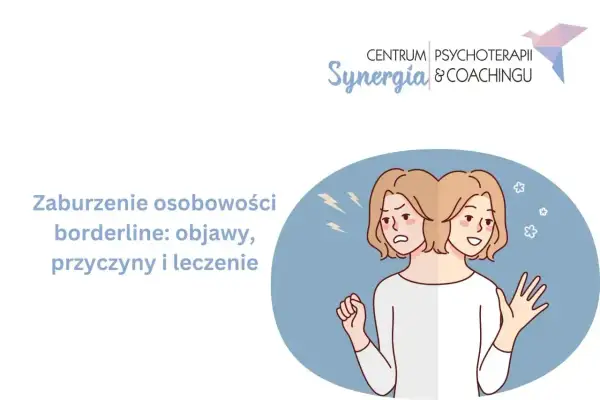 Ilustracja przedstawia dwie twarze tej samej osoby, symbolizujące zmienne osobowość borderline cechy. Jedna twarz wyraża smutek, druga radość.