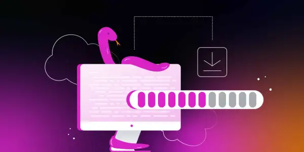 Un serpent rose s'enroule autour d'un écran d'ordinateur affichant du code. Une barre de progression indique le téléchargement, symbolisant l'installation de Python sur Debian.