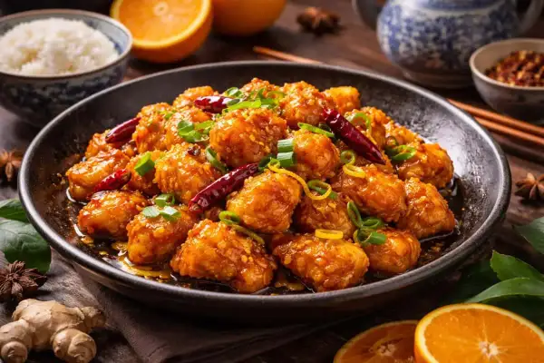 En skål med krispig, glaserad orange chicken, toppad med salladslök och chilifrukter. Bredvid syns ris, apelsinskivor och ingefära.