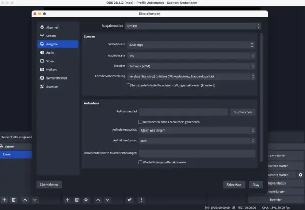 Einstellungen für einen Twitch Stream einrichten: Video- und Audiobitrate, Encoder und Aufnahmeeinstellungen in OBS.