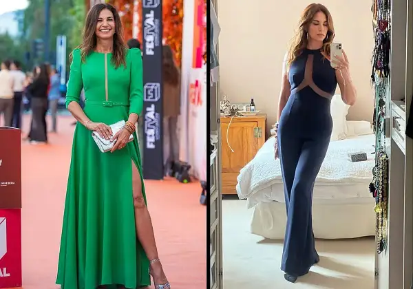 Mariló Montero luce un vestido verde con abertura y un mono azul, mostrando su elegancia en dos momentos distintos.