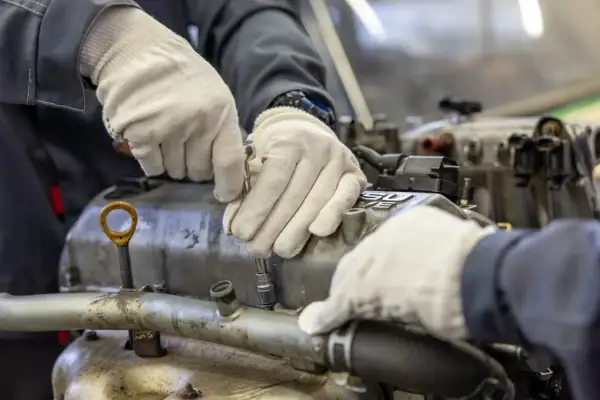 Mechanik w białych rękawiczkach sprawdza, jak sprawdzić drożność kanałów olejowych w bloku silnika, używając klucza nasadowego.