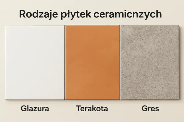 Trzy rodzaje płytek ceramicznych: biała glazura, pomarańczowa terakota i szary gres.