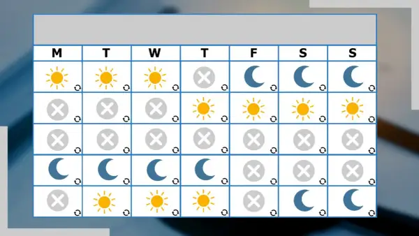 Calendario con icone di sole, luna e croce. Indica una possibile pianificazione per una pausa lavoro di 6 ore.
