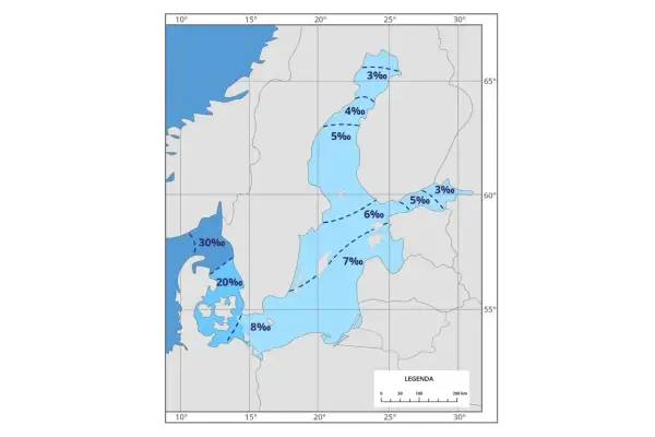 Mapa Bałtyku z zaznaczonymi izobatami i wartościami zasolenia.